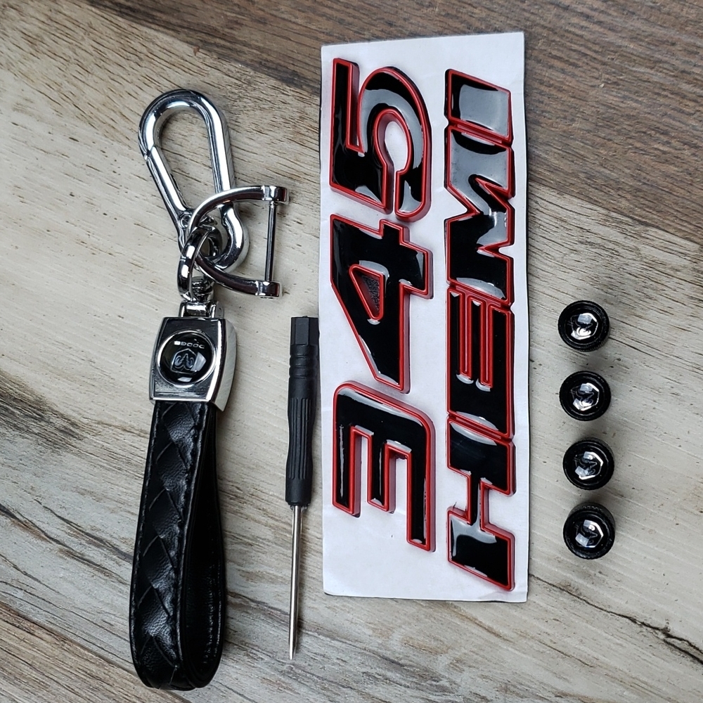 NWT Dodge 345 Hemi Accessory Set. 1 Genuine Leather Keychain, 1 Emblem & 4 Caps
